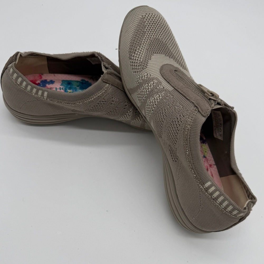 Skechers Womens Size 8.5 Taupe Knit Slip On Sneakers Floral Insole Zipper Detail